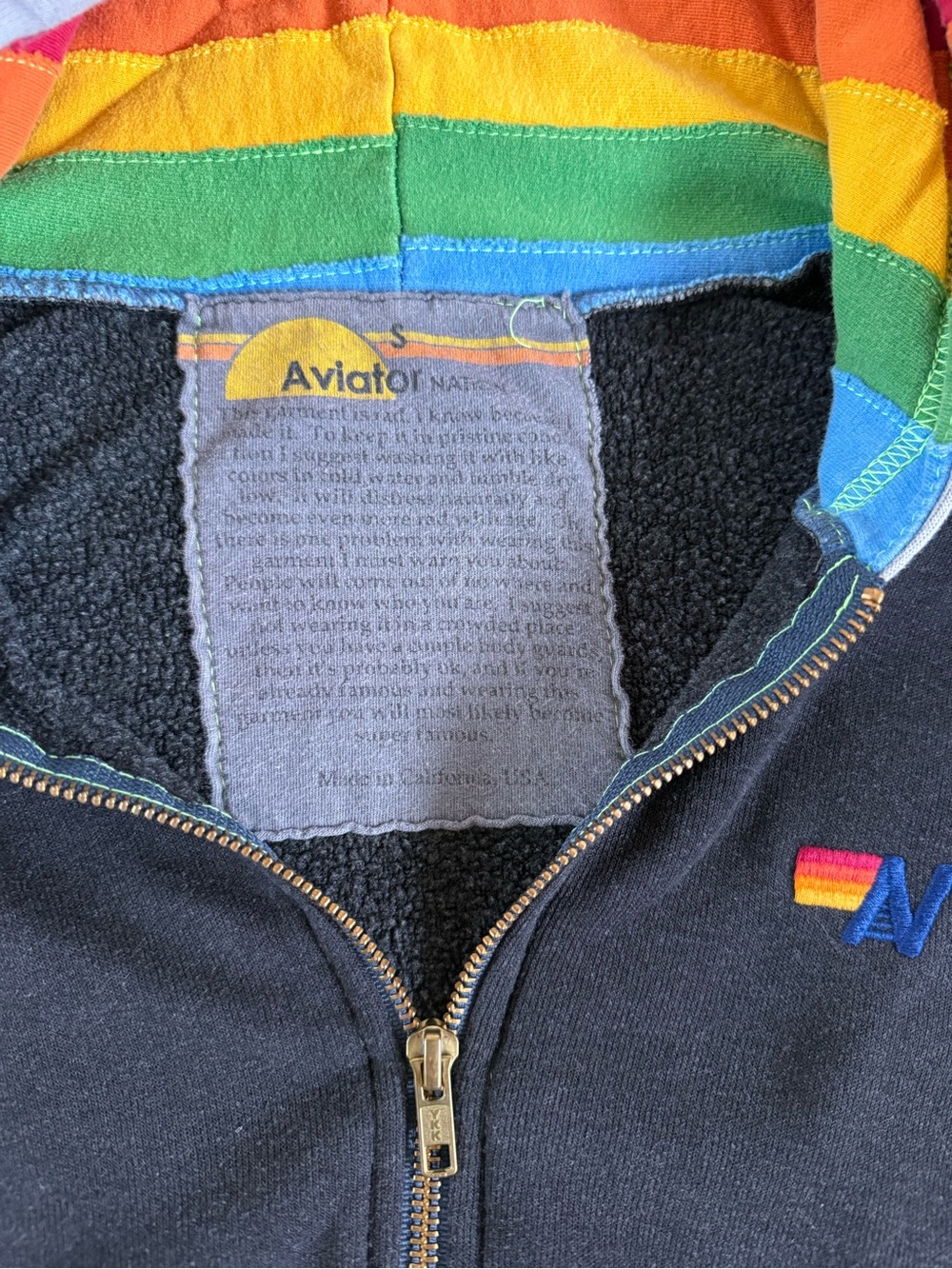 Aviator Nation Black Zip Hoodie Rainbow Lined Hood Women’s size small - Picture 2 of 3